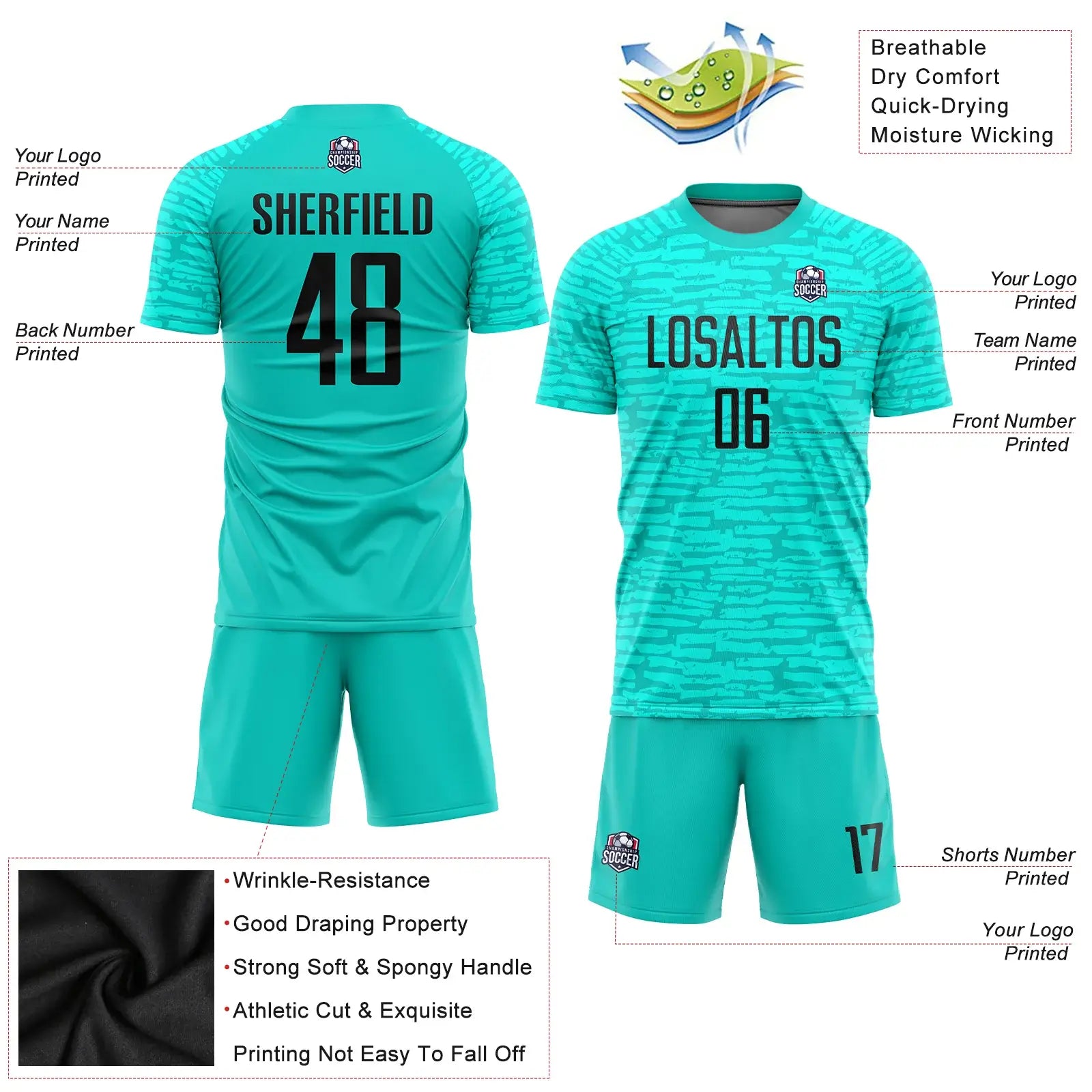 Custom Soccer Jersey Aqua Black Sublimation, Team Uniform Kit, Custom Name Number, Unisex Men Women Youth