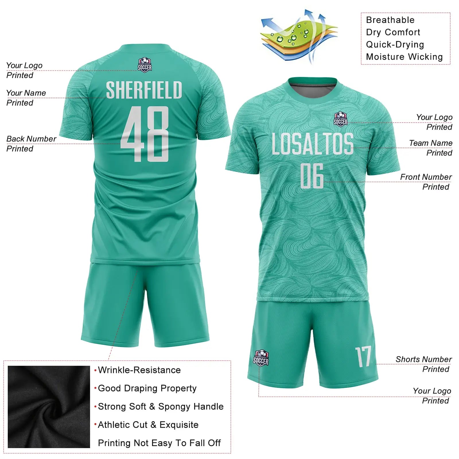 Custom Soccer Jersey Aqua White Sublimation, Team Uniform Kit, Custom Name Number, Unisex Men Women Youth