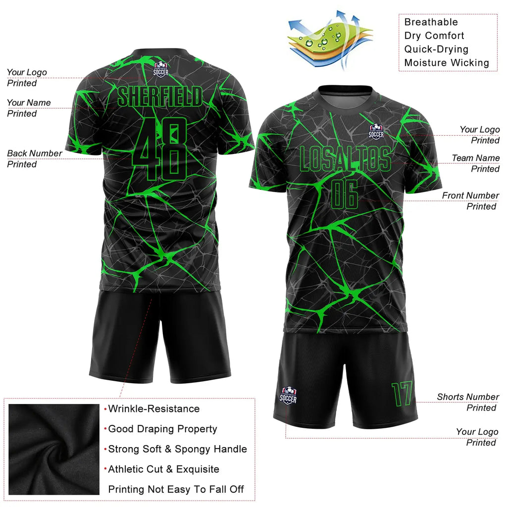 Custom Soccer Jersey Black Neon Green Sublimation, Team Uniform Kit, Custom Name Number, Unisex Men Women Youth