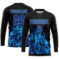 Custom Soccer Jersey Black Royal Light Blue Flame Sublimation, Team Uniform Kit, Custom Name Number, Unisex Men Women Youth