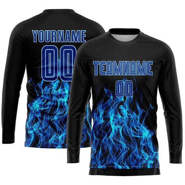 Custom Soccer Jersey Black Royal Light Blue Flame Sublimation, Team Uniform Kit, Custom Name Number, Unisex Men Women Youth