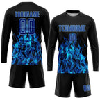 Custom Soccer Jersey Black Royal Light Blue Flame Sublimation, Team Uniform Kit, Custom Name Number, Unisex Men Women Youth