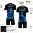 Custom Soccer Jersey Black Royal Light Blue Flame Sublimation, Team Uniform Kit, Custom Name Number, Unisex Men Women Youth