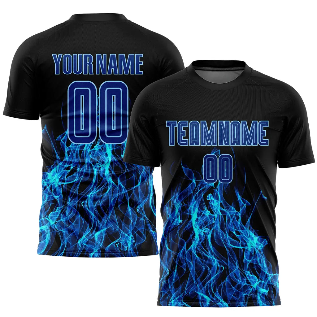 Custom Soccer Jersey Black Royal Light Blue Flame Sublimation, Team Uniform Kit, Custom Name Number, Unisex Men Women Youth