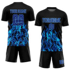 Custom Soccer Jersey Black Royal Light Blue Flame Sublimation, Team Uniform Kit, Custom Name Number, Unisex Men Women Youth