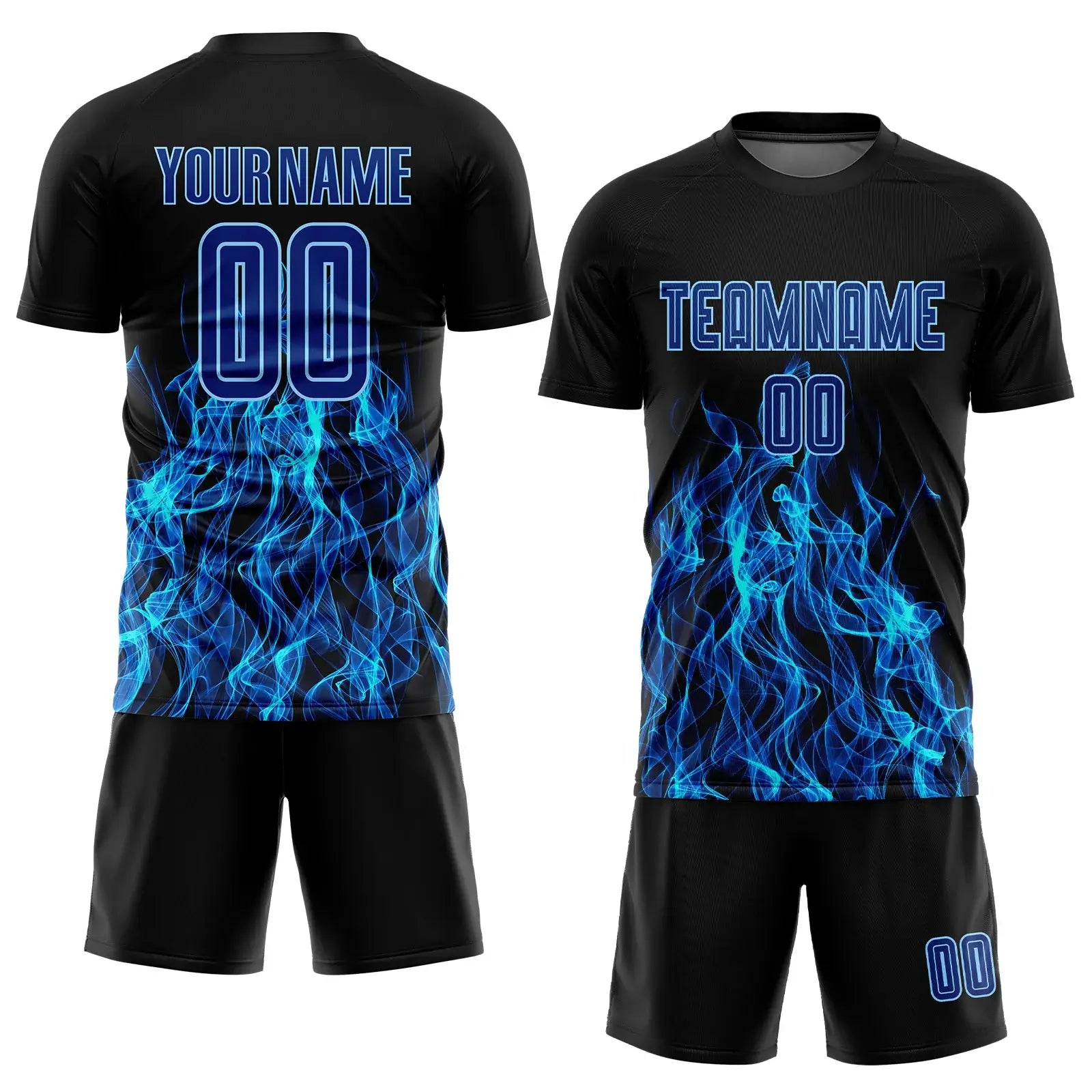 Custom Soccer Jersey Black Royal Light Blue Flame Sublimation, Team Uniform Kit, Custom Name Number, Unisex Men Women Youth