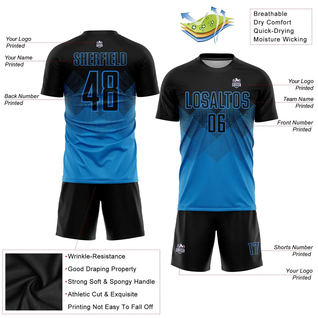 Custom Soccer Jersey Blue Black Sublimation, Team Uniform Kit, Custom Name Number, Unisex Men Women Youth