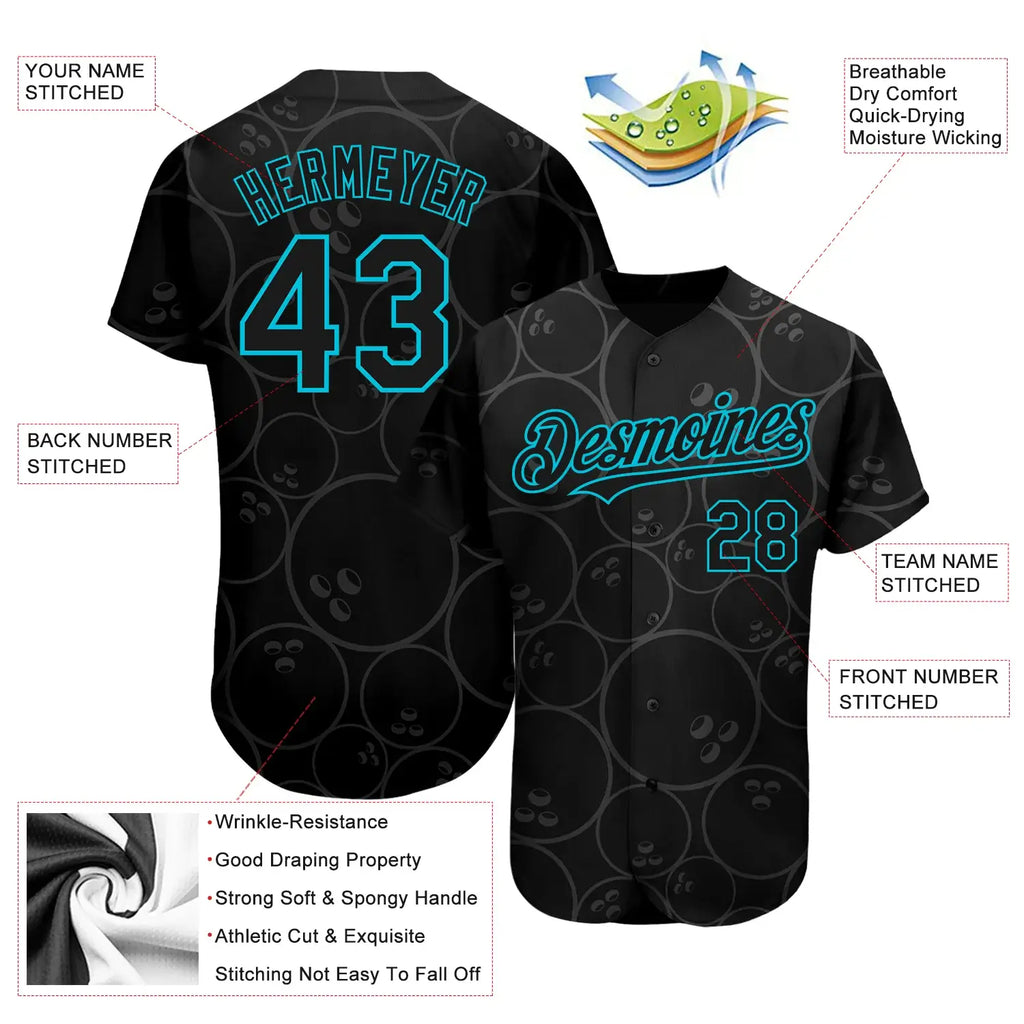 Custom Bowling Ball Pattern Baseball Jersey Black Lakes Blue Sublimation, Custom Name Number, Men Youth Unisex