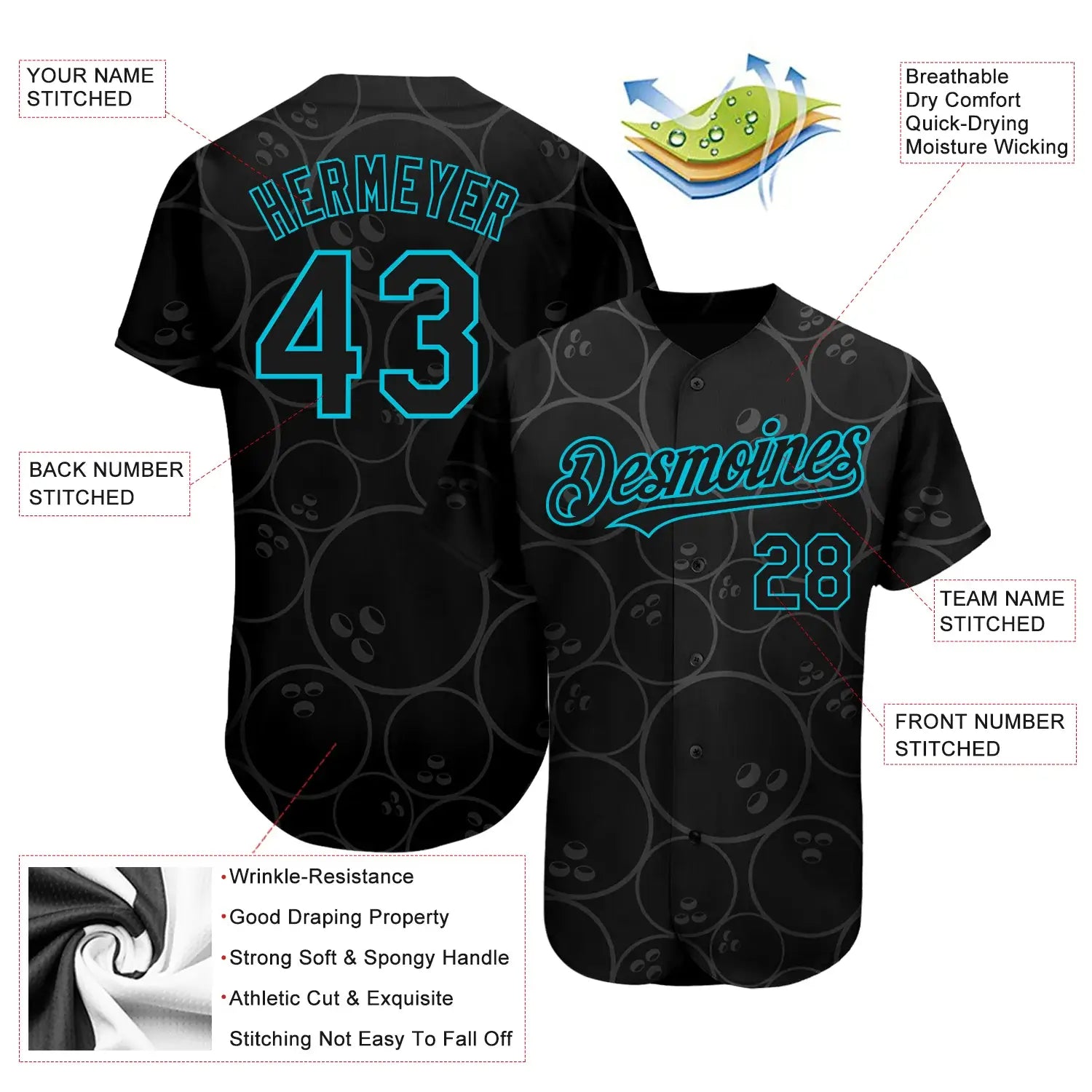 Custom Bowling Ball Pattern Baseball Jersey Black Lakes Blue Sublimation, Custom Name Number, Men Youth Unisex