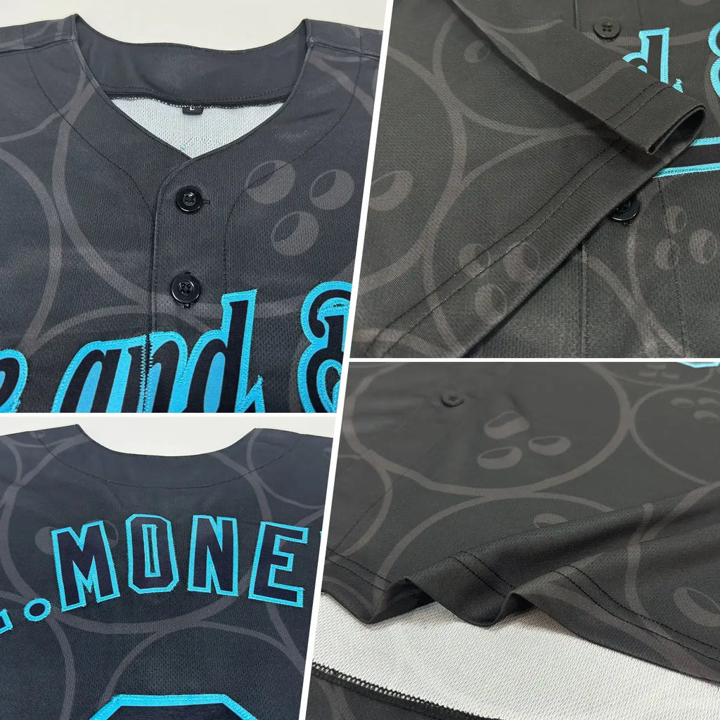 Custom Bowling Ball Pattern Baseball Jersey Black Lakes Blue Sublimation, Custom Name Number, Men Youth Unisex