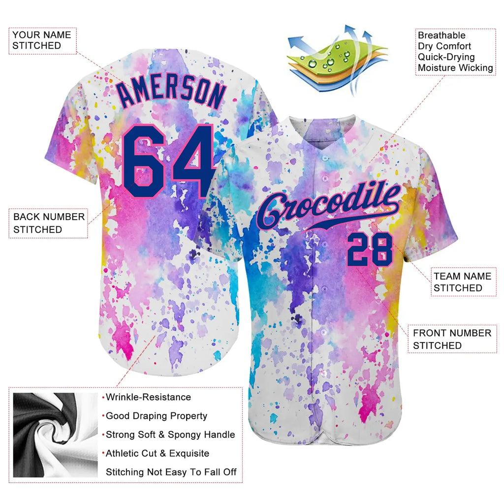 Custom Baseball Jersey White Royal Pink 3D Pattern Design Watercolor Sublimation, Custom Name Number, Men Youth Unisex