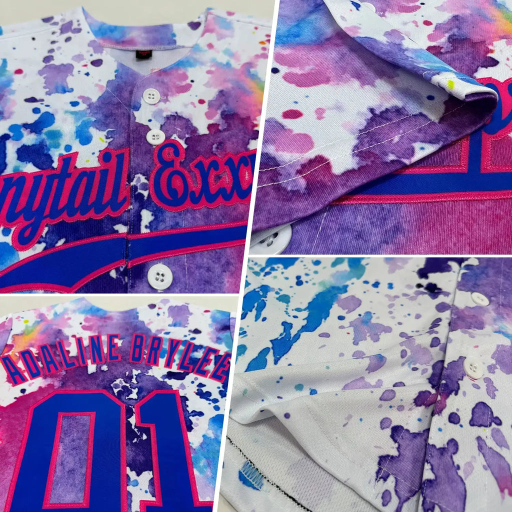 Custom Baseball Jersey White Royal Pink 3D Pattern Design Watercolor Sublimation, Custom Name Number, Men Youth Unisex