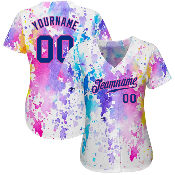 Custom Baseball Jersey White Royal Pink 3D Pattern Design Watercolor Sublimation, Custom Name Number, Men Youth Unisex