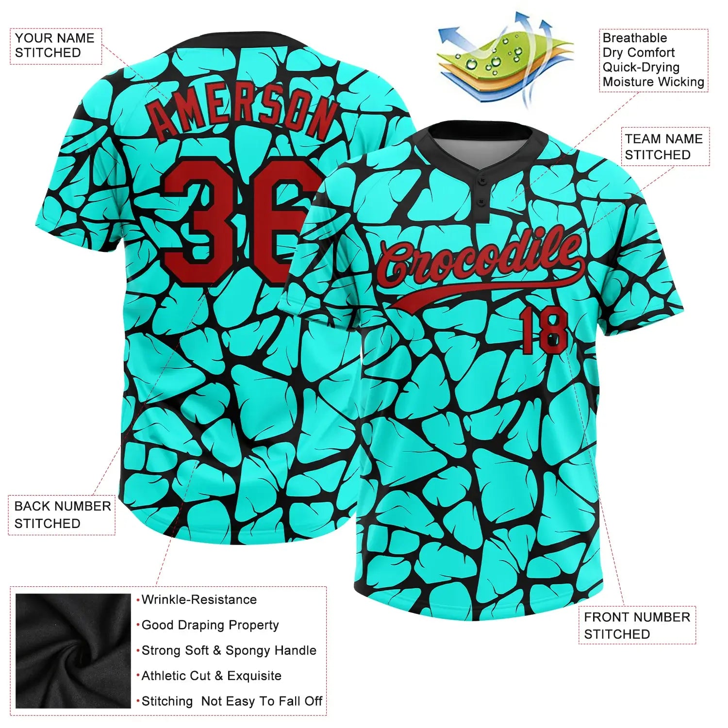 Custom 2-Button Softball Jersey 3D Pattern Aqua Red Black Sublimation, Custom Name Number, Women Girls Unisex Youth