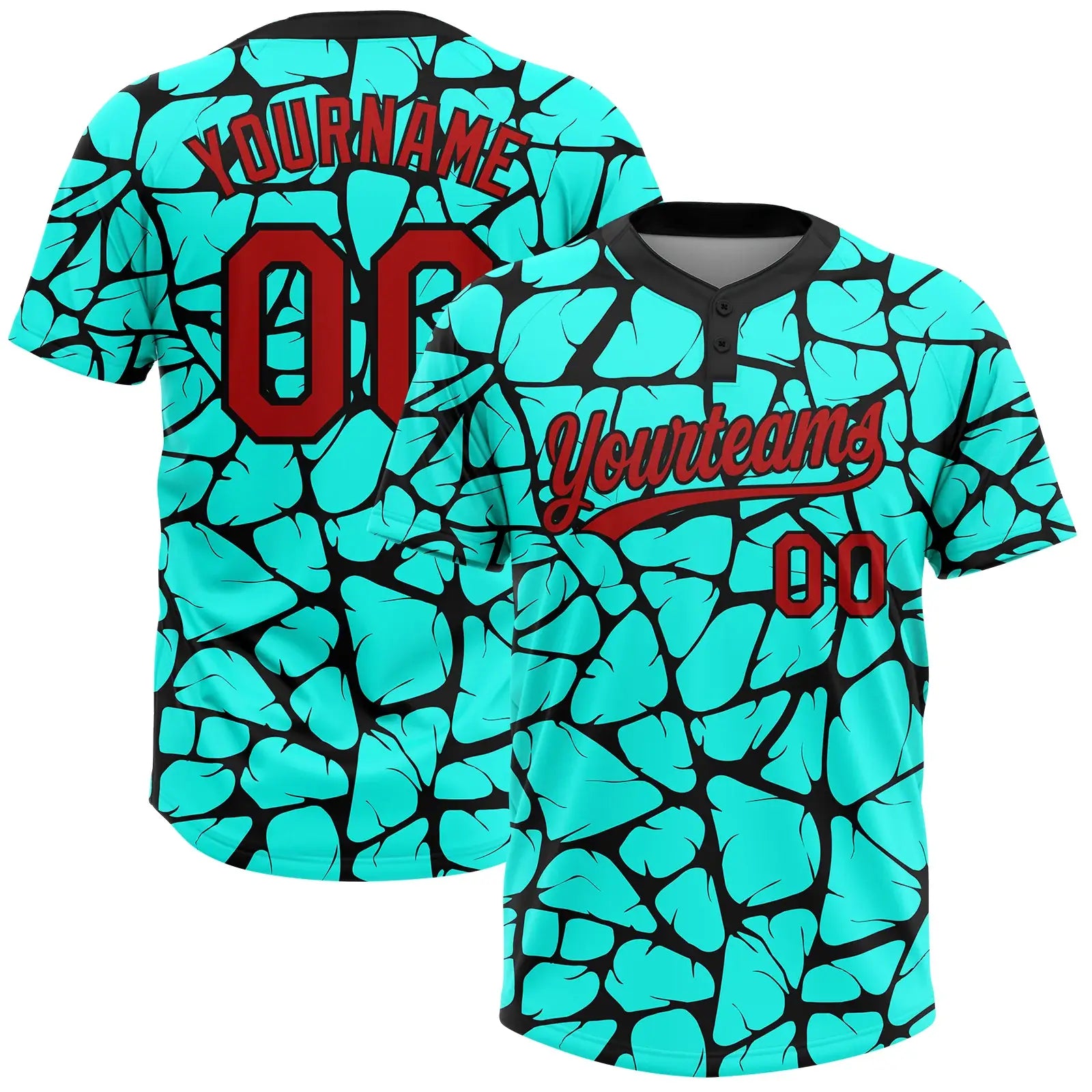 Custom 2-Button Softball Jersey 3D Pattern Aqua Red Black Sublimation, Custom Name Number, Women Girls Unisex Youth