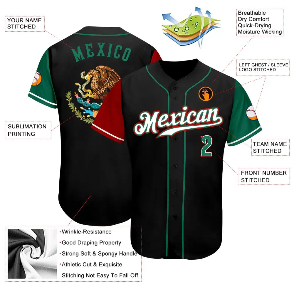 Custom Mexico Two Tone Baseball Jersey Black Kelly Green Red Sublimation, Custom Name Number, Men Youth Unisex