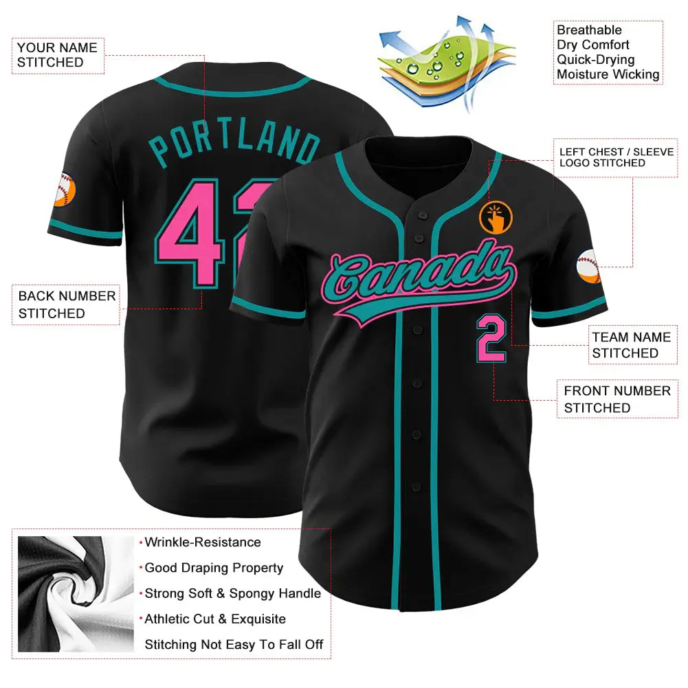 Custom Baseball Jersey Black Pink Teal Sublimation, Custom Name Number, Men Youth Unisex