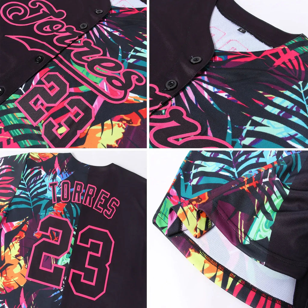 Custom Black Pink 3D Pattern Baseball Jersey Tropical Palm Leaves Sublimation, Custom Name Number, Men Youth Unisex