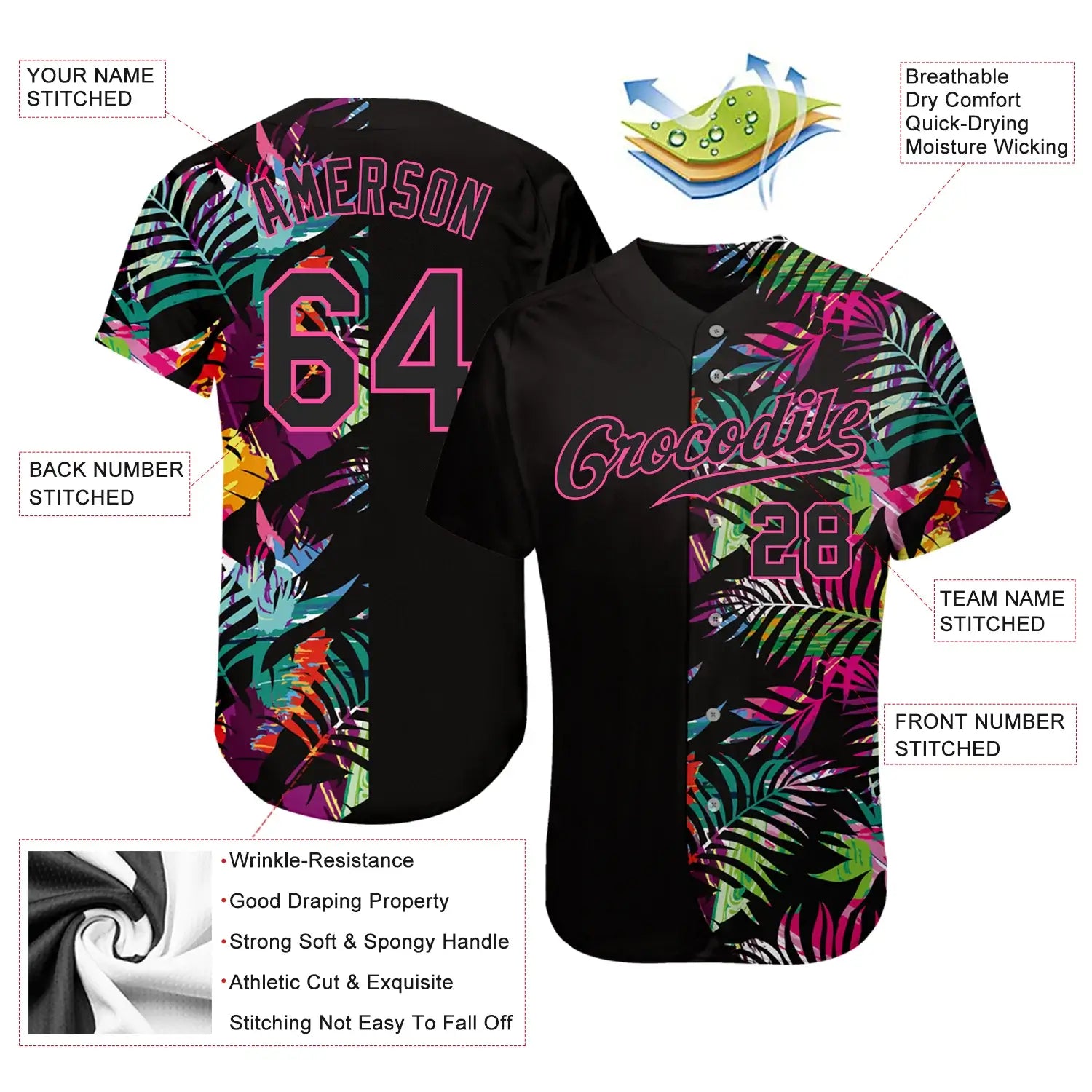 Custom Black Pink 3D Pattern Baseball Jersey Tropical Palm Leaves Sublimation, Custom Name Number, Men Youth Unisex