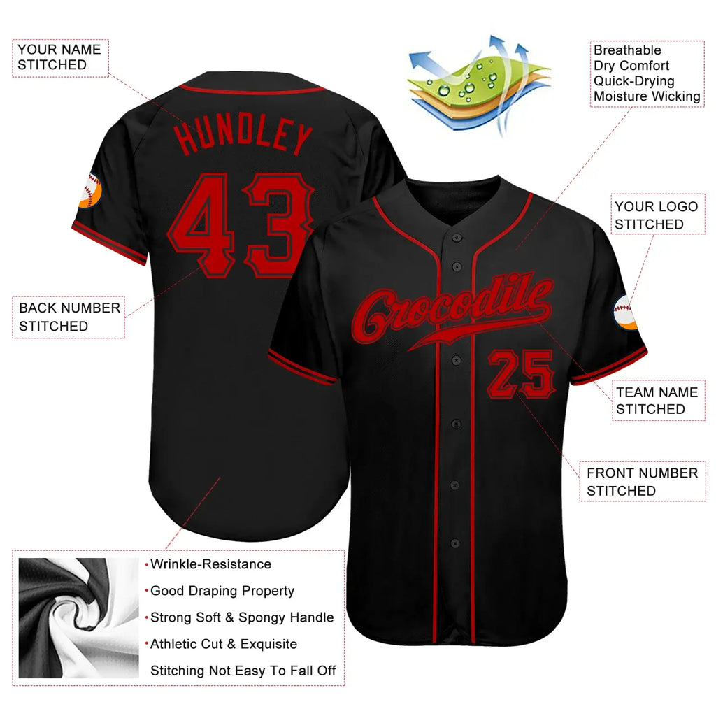 Custom Baseball Jersey Black Red Sublimation, Custom Name Number, Men Youth Unisex