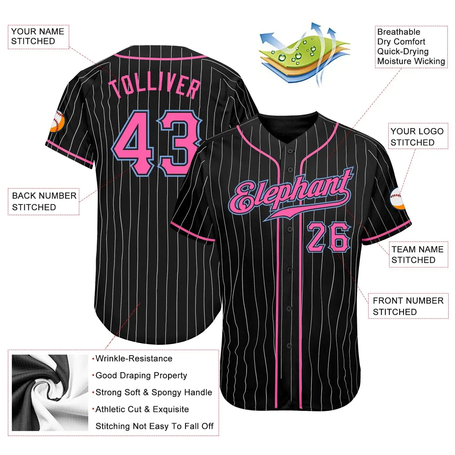 Custom Black White Pinstripe Baseball Jersey Pink Light Blue Sublimation, Custom Name Number, Men Youth Unisex
