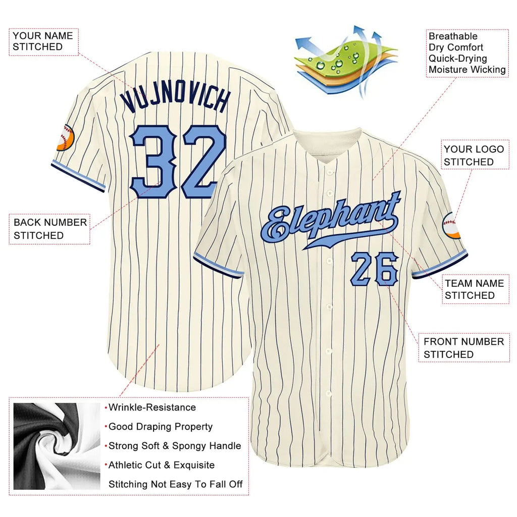 Custom Cream Navy Pinstripe Baseball Jersey Light Blue Navy Sublimation, Custom Name Number, Men Youth Unisex