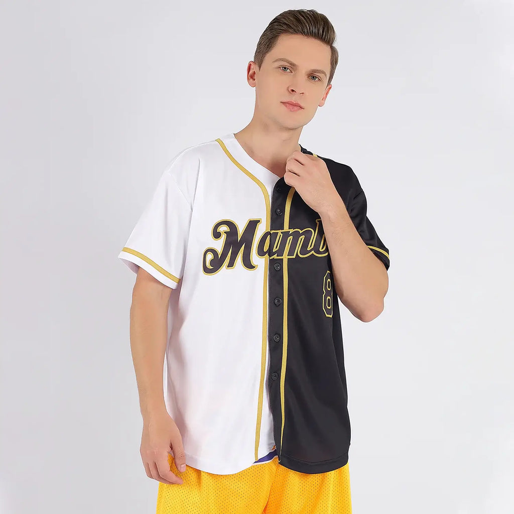 Custom Split Fashion Baseball Jersey White Black Old Gold Sublimation, Custom Name Number, Men Youth Unisex