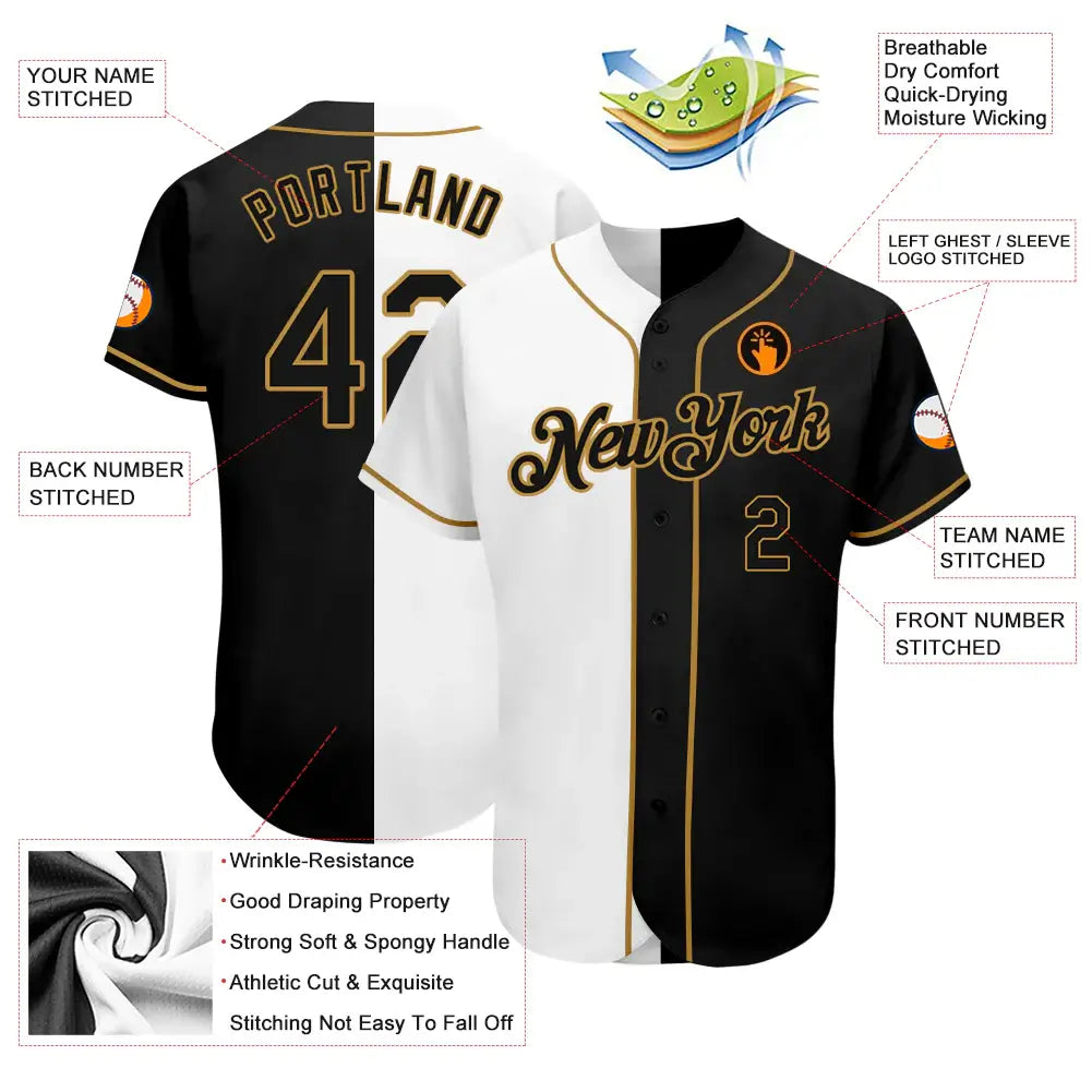 Custom Split Fashion Baseball Jersey White Black Old Gold Sublimation, Custom Name Number, Men Youth Unisex