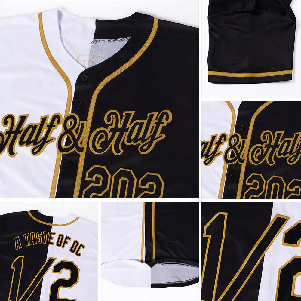 Custom Split Fashion Baseball Jersey White Black Old Gold Sublimation, Custom Name Number, Men Youth Unisex