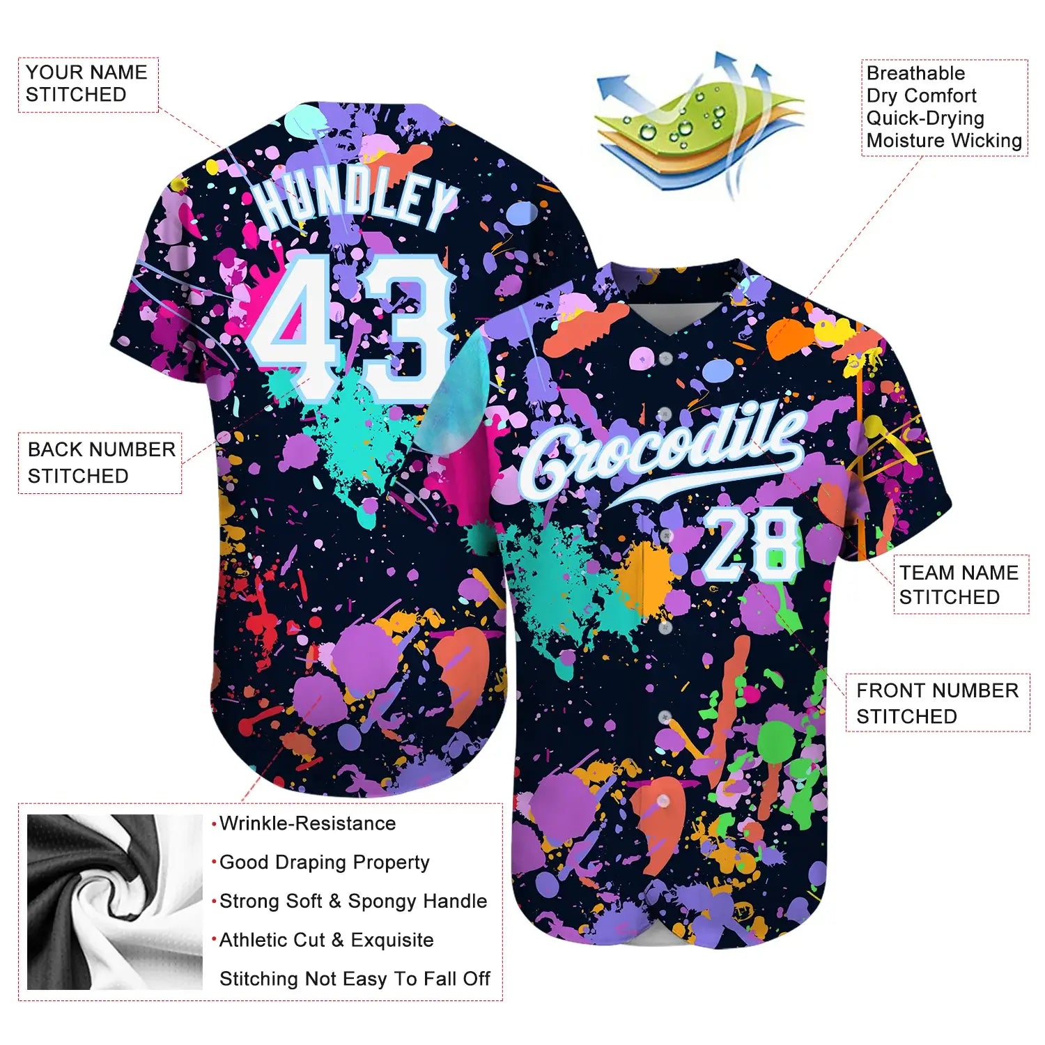 Custom Splashes Graffiti Pattern Baseball Jersey White Light Blue 3D Sublimation, Custom Name Number, Men Youth Unisex
