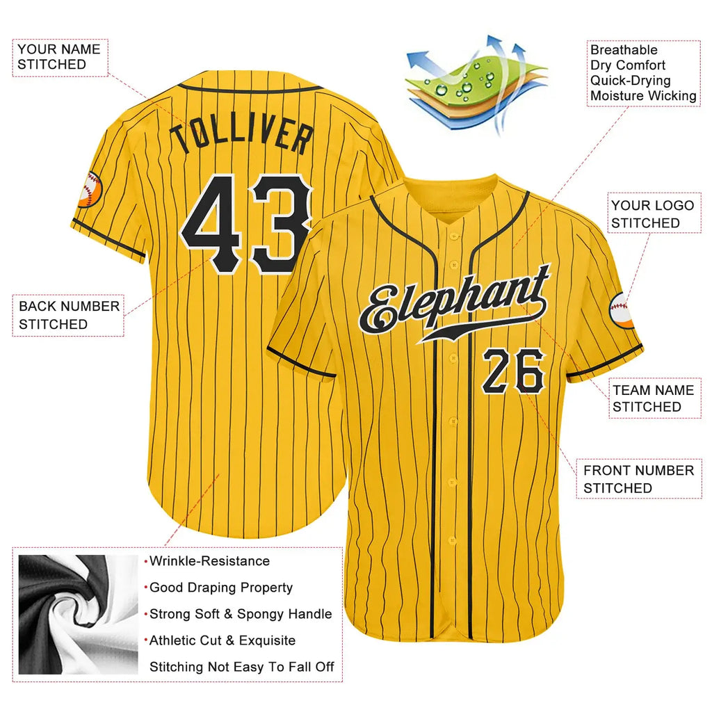 Custom Yellow Black Pinstripe Baseball Jersey Black White Sublimation, Custom Name Number, Men Youth Unisex