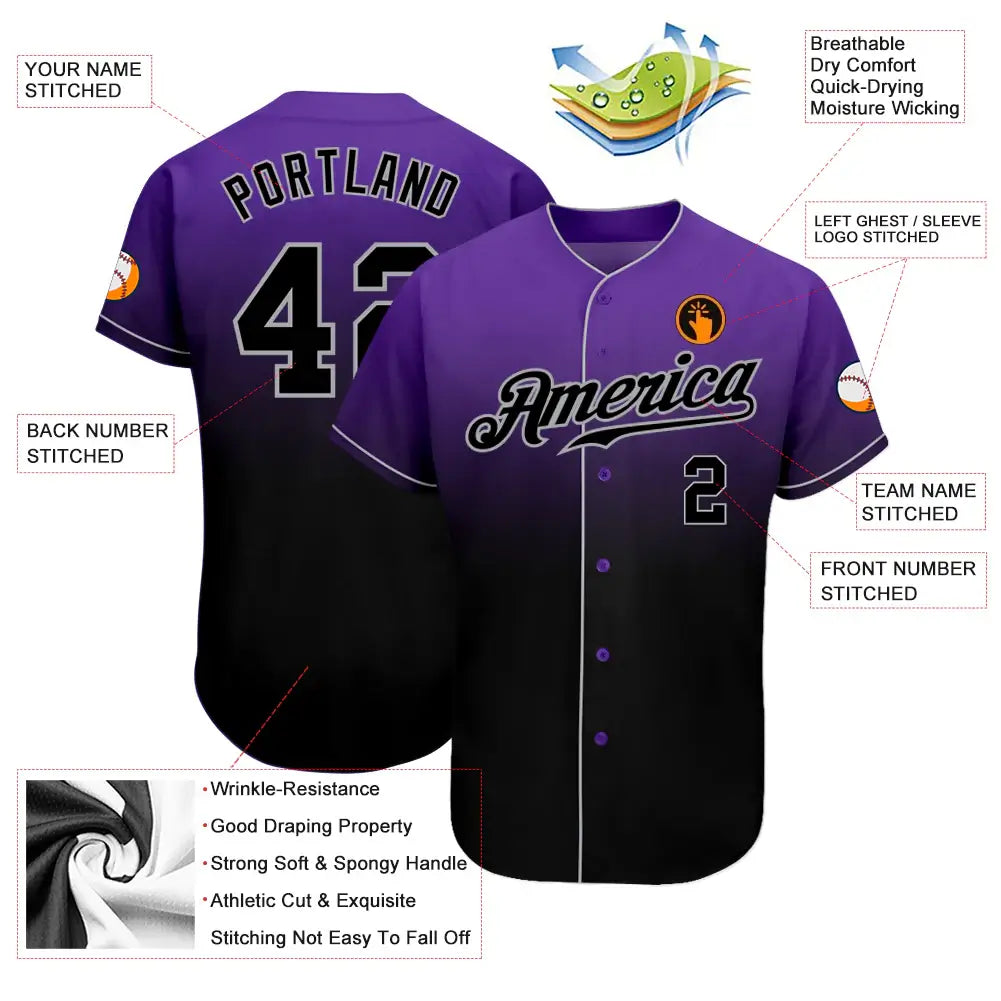 Custom Fade Fashion Baseball Jersey Purple Black Gray Sublimation, Custom Name Number, Men Youth Unisex