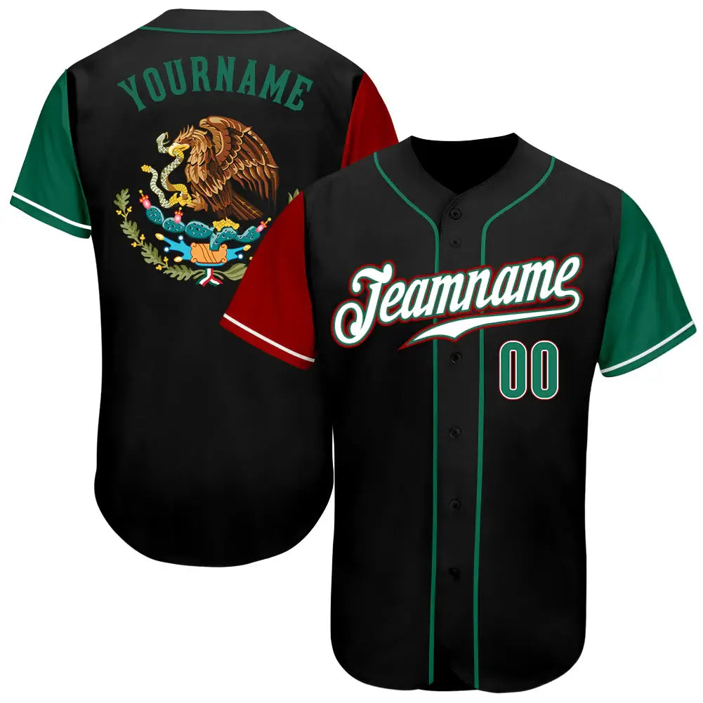 Custom Mexico Two Tone Baseball Jersey Black Kelly Green Red Sublimation, Custom Name Number, Men Youth Unisex