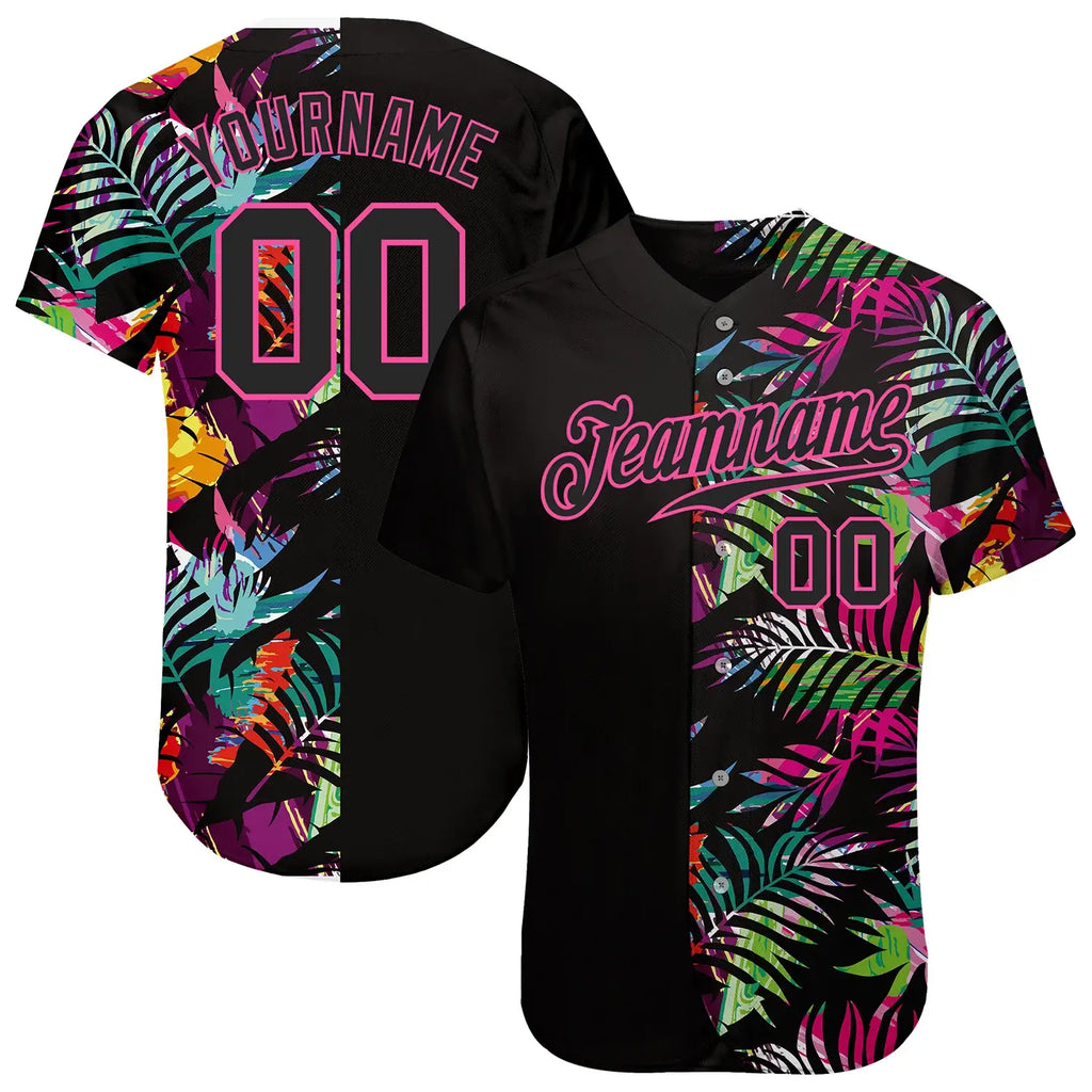 Custom Black Pink 3D Pattern Baseball Jersey Tropical Palm Leaves Sublimation, Custom Name Number, Men Youth Unisex