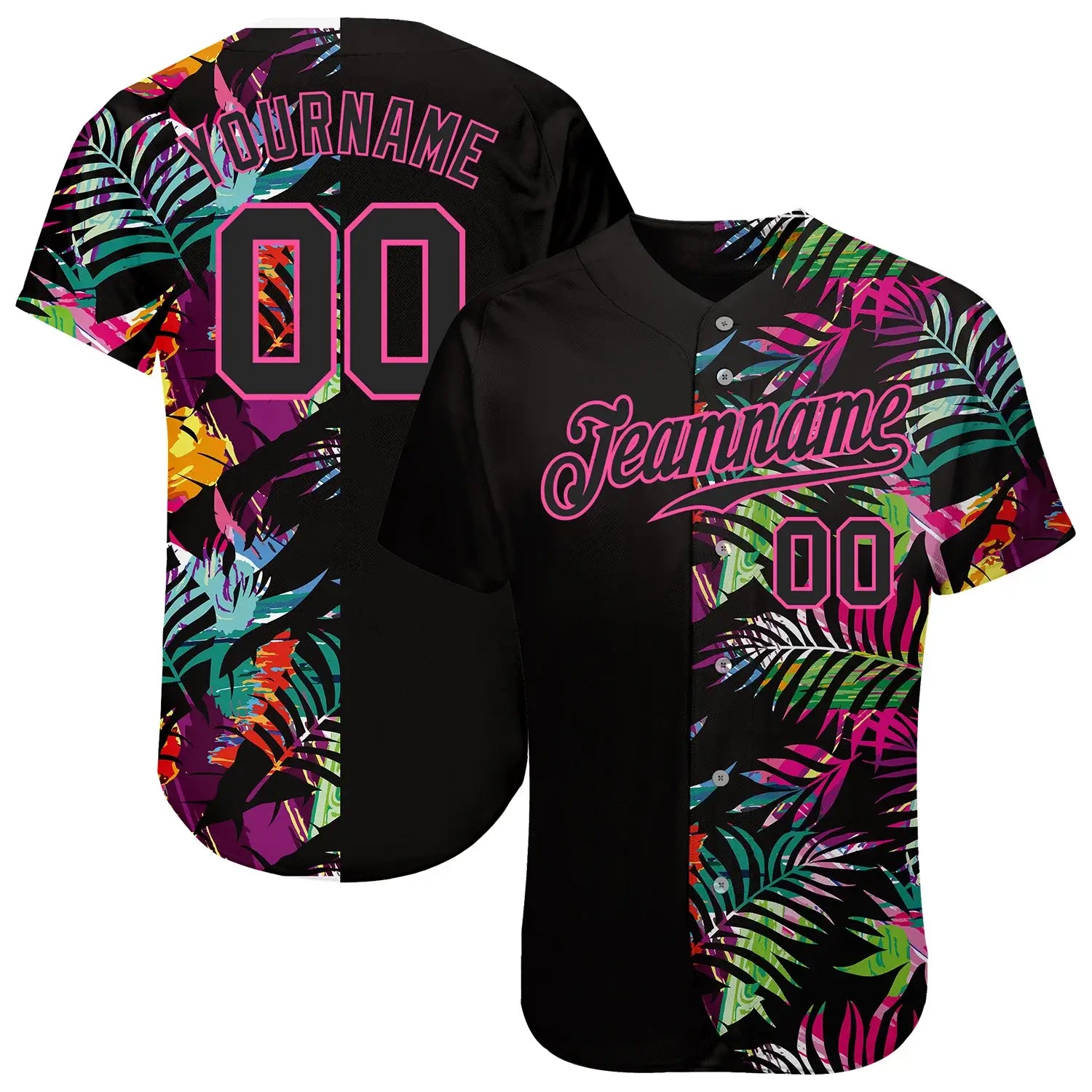 Custom Black Pink 3D Pattern Baseball Jersey Tropical Palm Leaves Sublimation, Custom Name Number, Men Youth Unisex