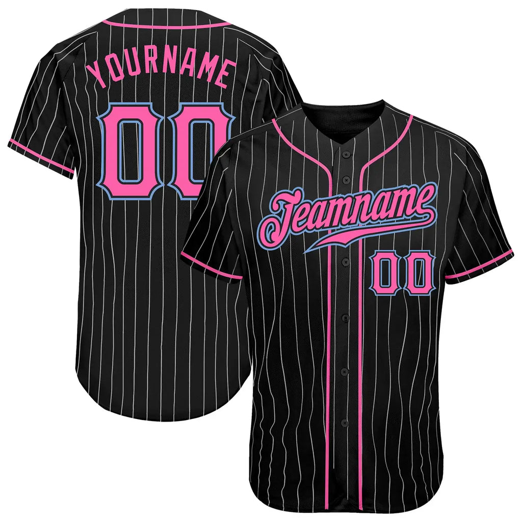 Custom Black White Pinstripe Baseball Jersey Pink Light Blue Sublimation, Custom Name Number, Men Youth Unisex
