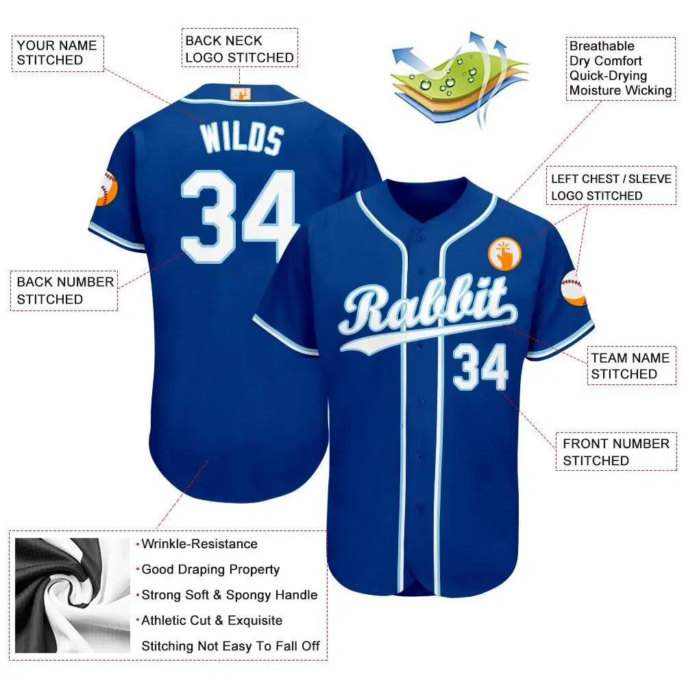 Custom Baseball Jersey Royal White Light Blue Sublimation, Custom Name Number, Men Youth Unisex