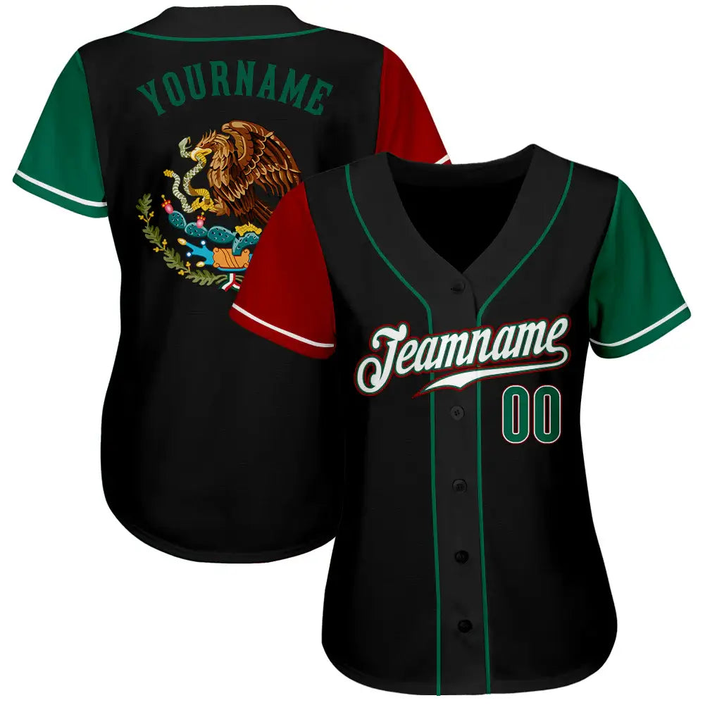 Custom Mexico Two Tone Baseball Jersey Black Kelly Green Red Sublimation, Custom Name Number, Men Youth Unisex