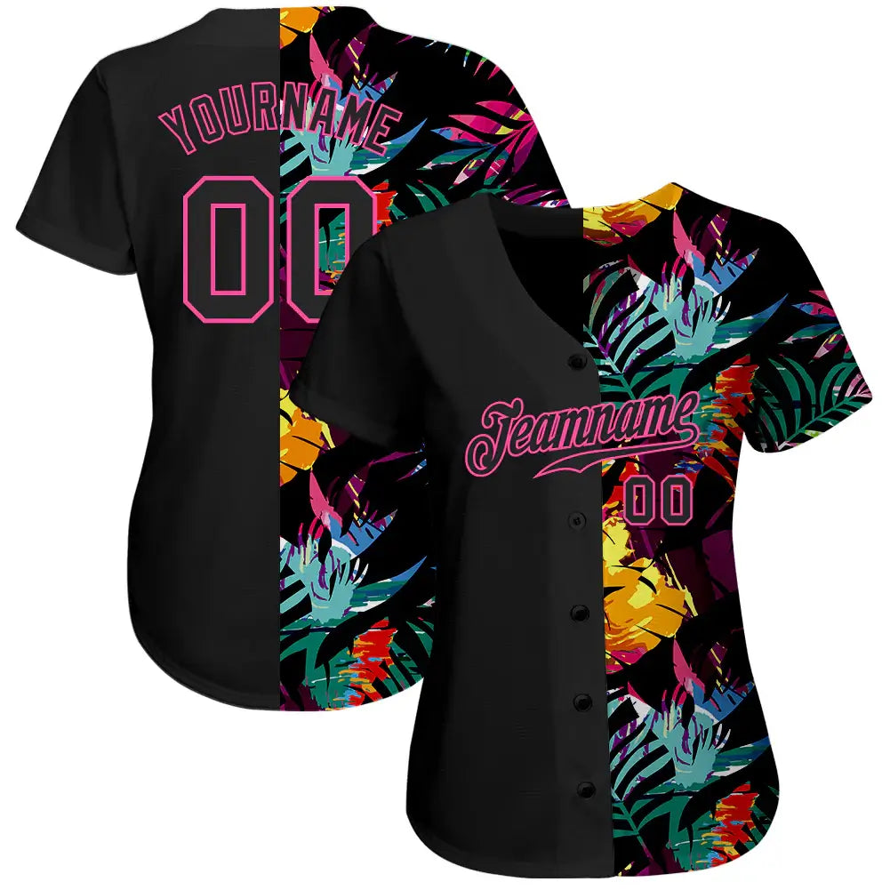 Custom Black Pink 3D Pattern Baseball Jersey Tropical Palm Leaves Sublimation, Custom Name Number, Men Youth Unisex