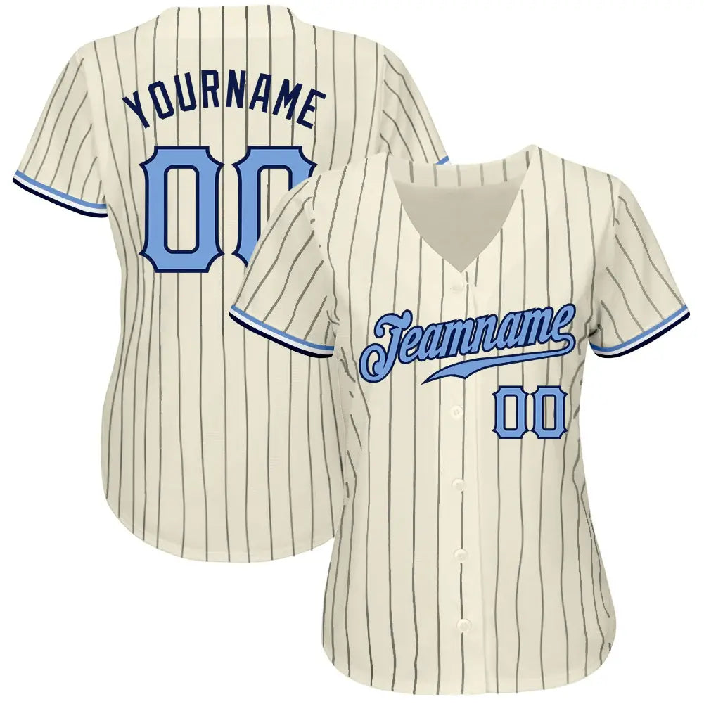 Custom Cream Navy Pinstripe Baseball Jersey Light Blue Navy Sublimation, Custom Name Number, Men Youth Unisex