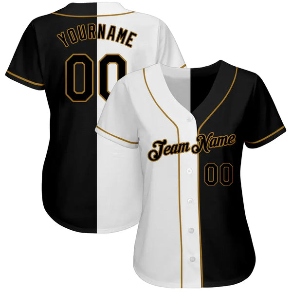 Custom Split Fashion Baseball Jersey White Black Old Gold Sublimation, Custom Name Number, Men Youth Unisex