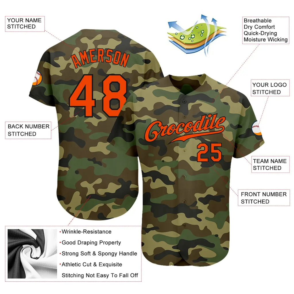 Custom Baseball Jersey Camo Orange Black Sublimation, Custom Name Number, Men Youth Unisex