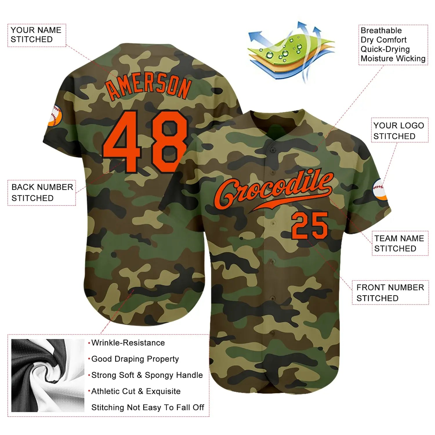 Custom Baseball Jersey Camo Orange Black Sublimation, Custom Name Number, Men Youth Unisex