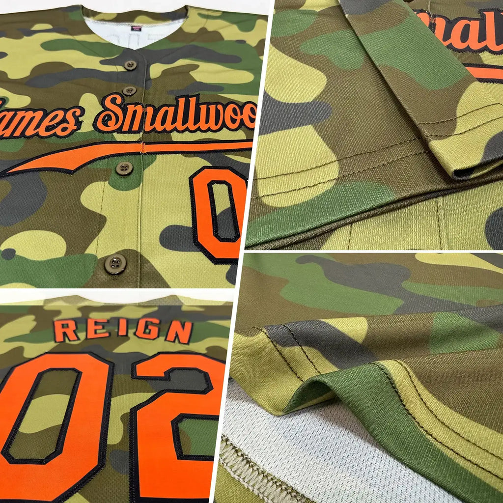 Custom Baseball Jersey Camo Orange Black Sublimation, Custom Name Number, Men Youth Unisex