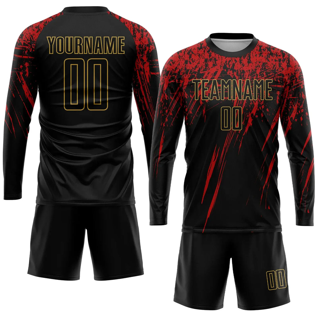 Custom Soccer Jersey Black Old Gold Red Sublimation, Team Uniform Kit, Custom Name Number, Unisex Men Women Youth