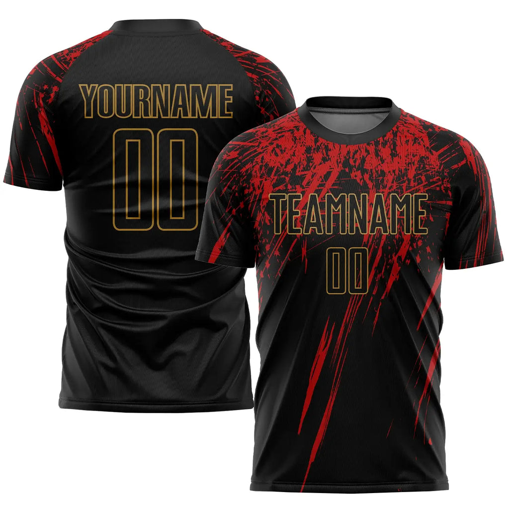 Custom Soccer Jersey Black Old Gold Red Sublimation, Team Uniform Kit, Custom Name Number, Unisex Men Women Youth