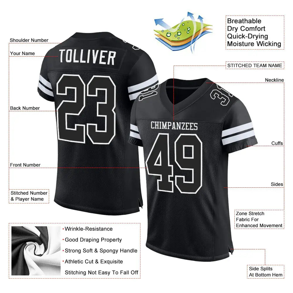 Custom Mesh Football Jersey Black White Pro Style Sublimation, Custom Name Number, Men Youth Unisex