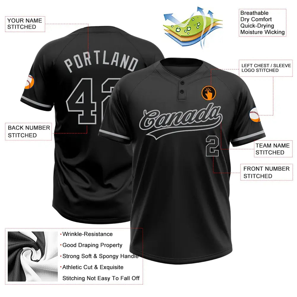 Custom 2-Button Softball Jersey Black Gray Sublimation, Custom Name Number, Women Girls Unisex Youth