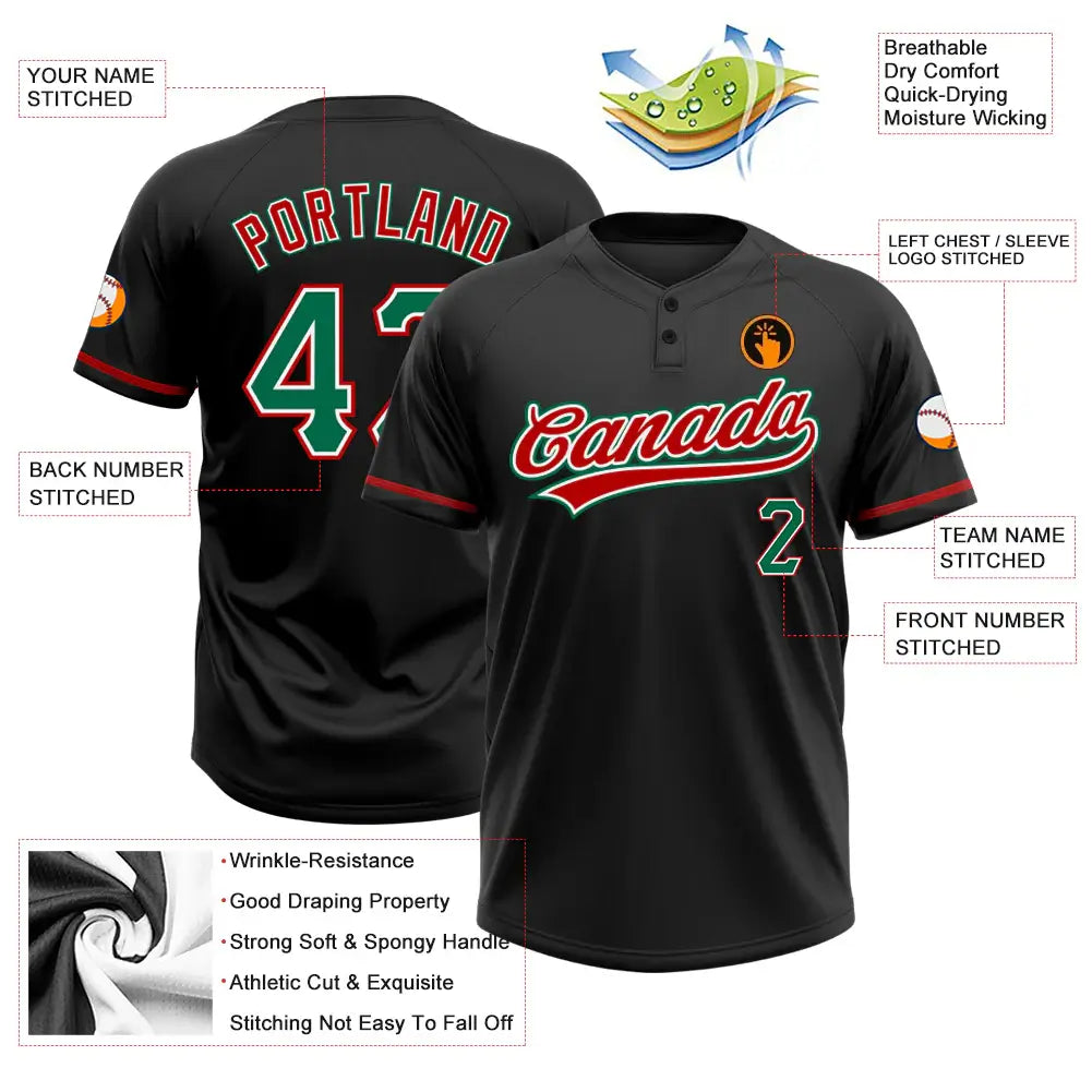 Custom 2-Button Softball Jersey Kelly Green Red Sublimation, Custom Name Number, Women Girls Unisex Youth