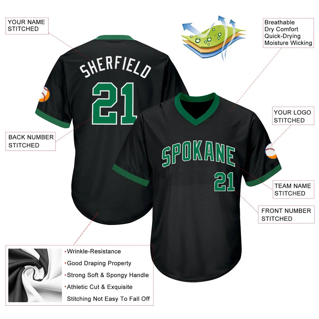 Custom Throwback Baseball Jersey Black Kelly Green White Sublimation, Custom Name Number, Men Youth Unisex